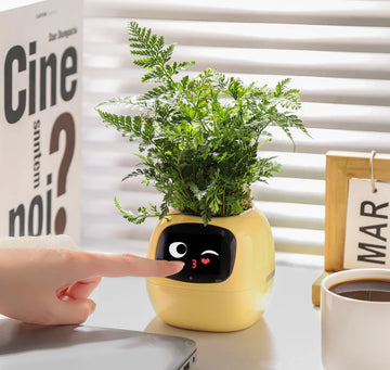 Yellow pet planter with a face on a desk next to a coffee cup and book.