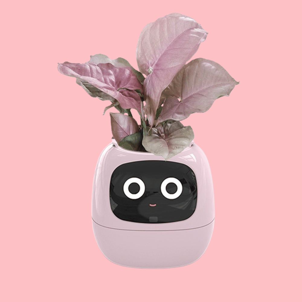 Pink robot-shaped planter with a plant on a pink background - IvySmart Planter | Your Plant's New Best Friend