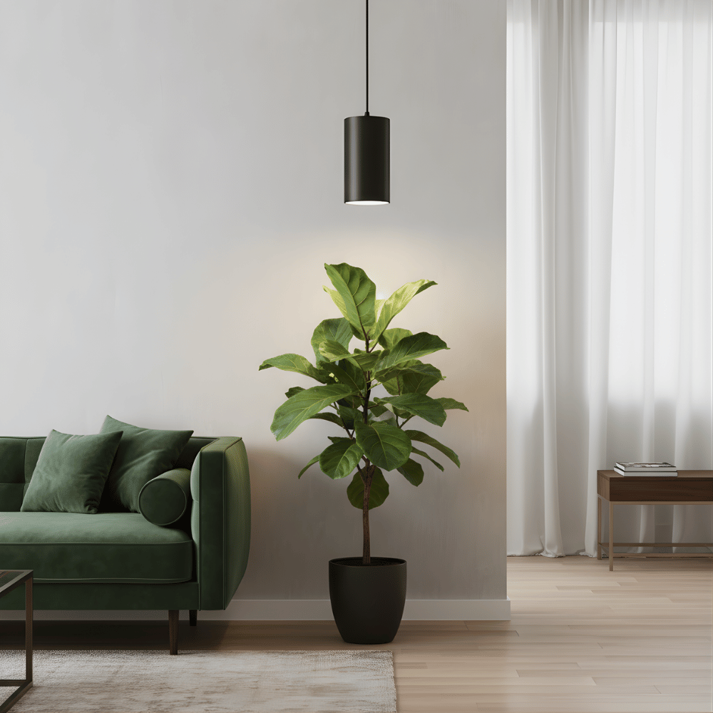 Potted plant in a modern living room with a green sofa and pendant grow light.