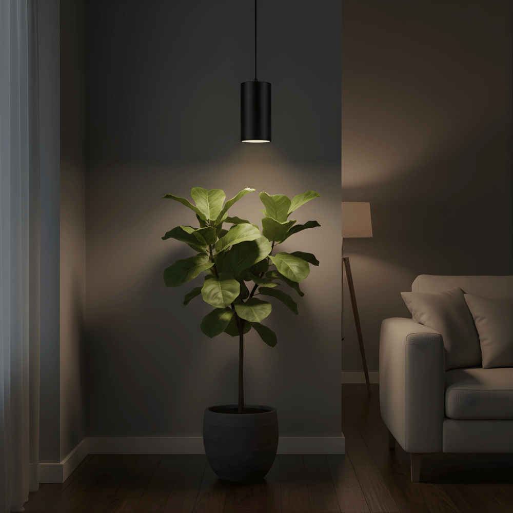 Potted plant in a dimly lit room with a couch and pendant grow light.