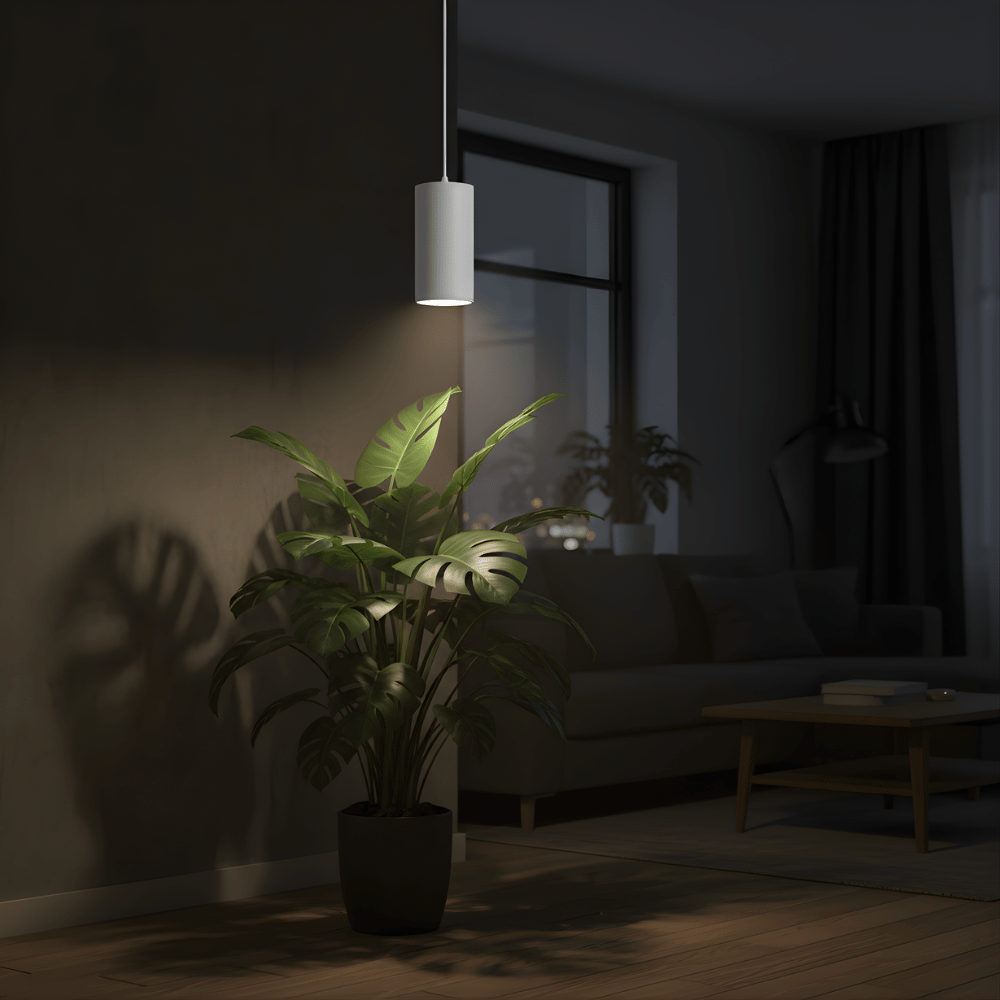 Potted plant illuminated by a pendant grow light in a dimly lit room.