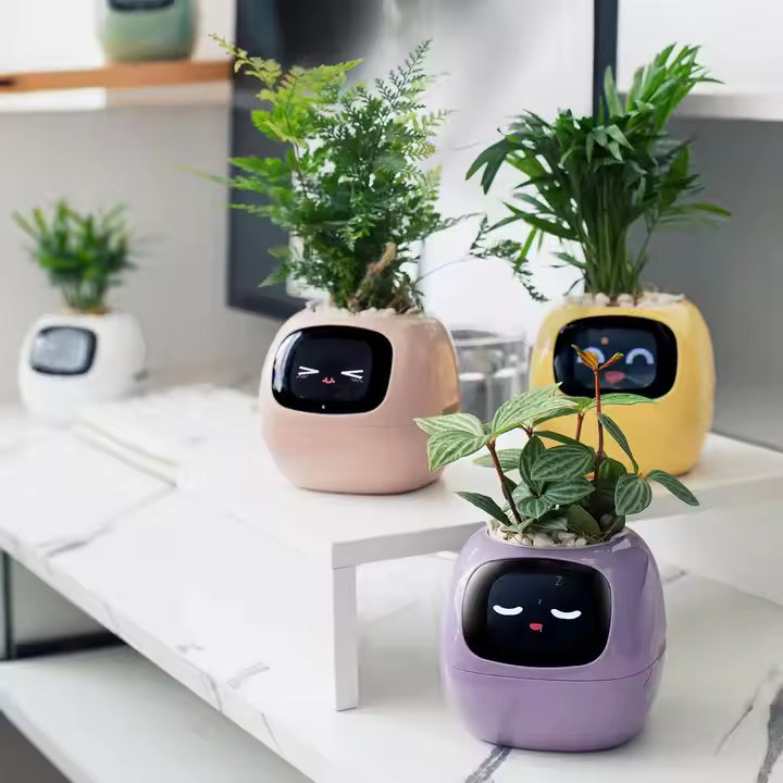 Purple robot-shaped IvySmart planter with a plant on a yellow background