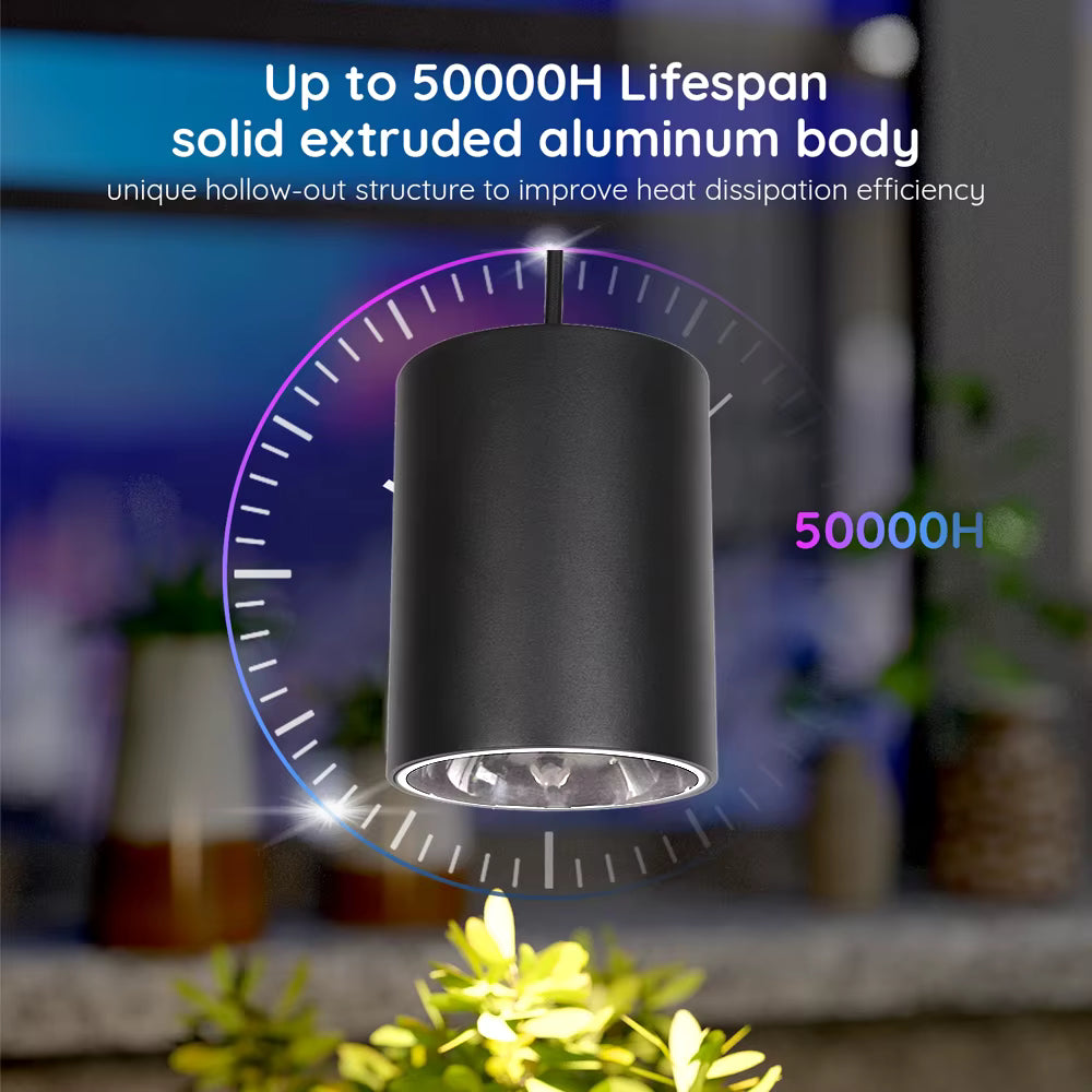 Black outdoor light fixture with text about lifespan and material on a blurred background