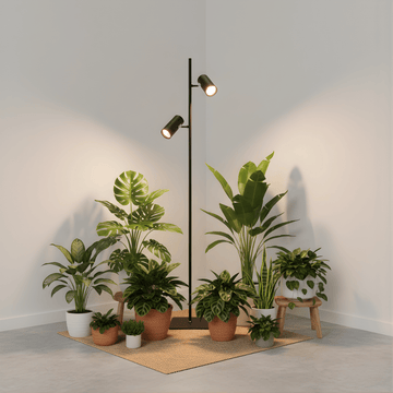 Set of potted plants arranged around a modern floor grow light in a minimalistic room.