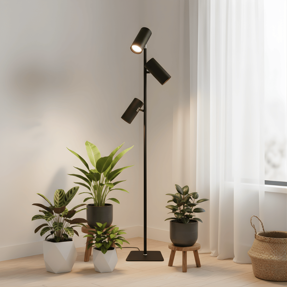 Modern black floor plant grow light with three potted plants in a room setting.