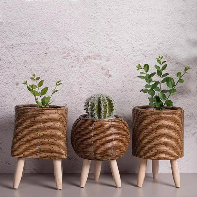 woven plant basket stand Nordic Weave Rattan Plant Stand