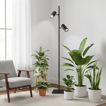 Modern living room with a floor grow light and various potted plants.