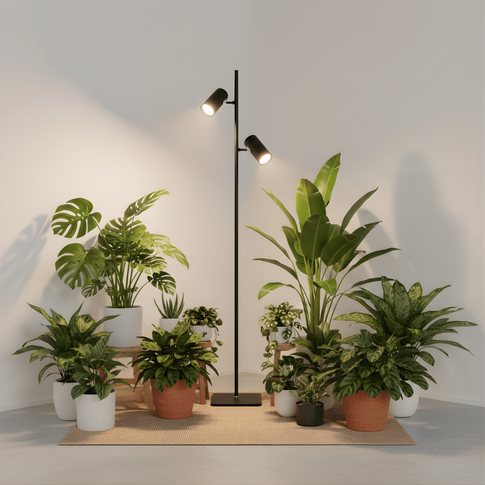 Indoor plants arranged on a wooden floor with a standing grow light in the background.