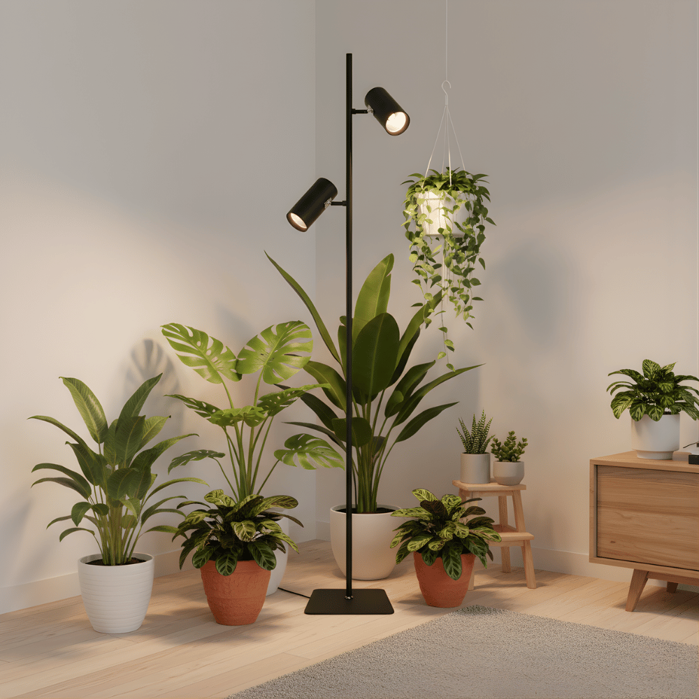 Modern indoor setting with a black floor grow light and various potted plants.