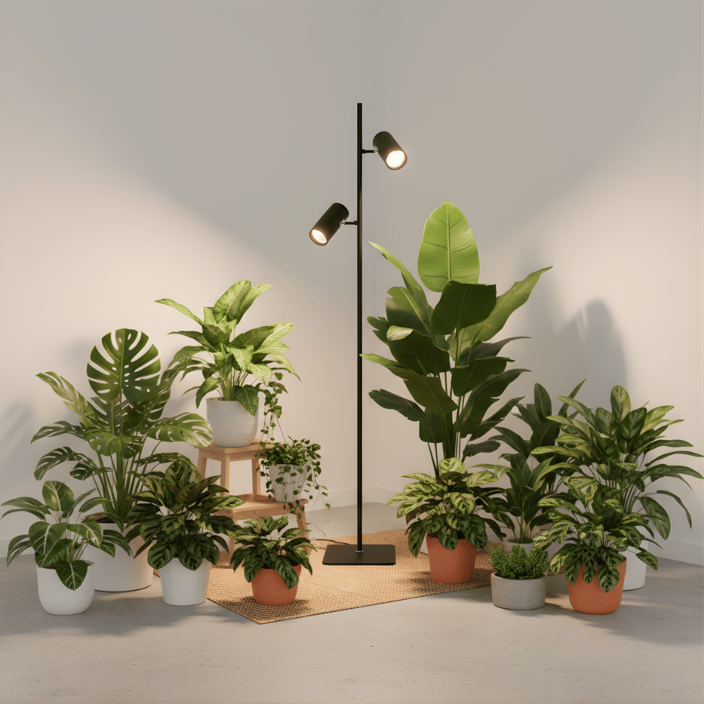 Collection of potted plants with a floor grow light on a neutral background