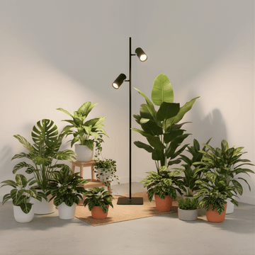 Collection of potted plants with a floor grow light on a neutral background