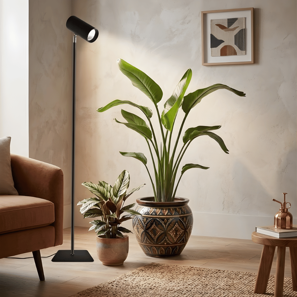 Living room with a brown sofa, floor grow light, and potted plants on a wooden floor.