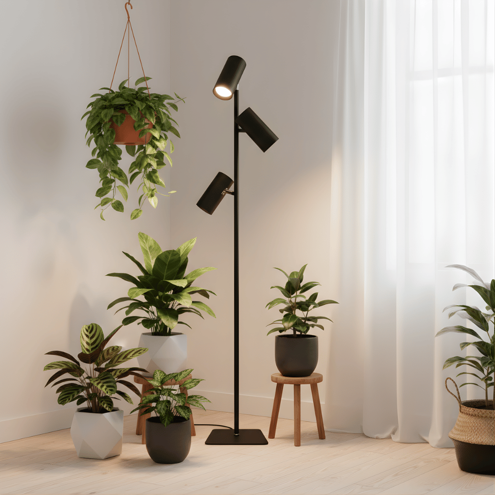 Modern black floor grow light with multiple potted plants in a room setting.