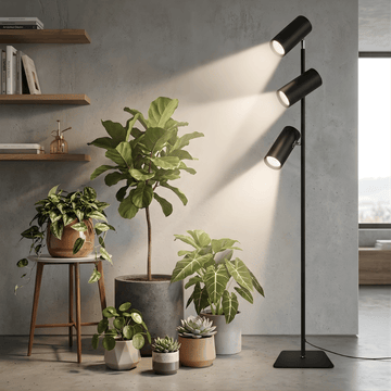 Modern black floor grow light illuminating potted plants in a room with concrete walls and wooden shelves.