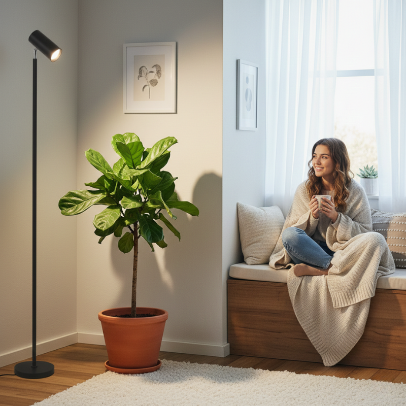Woman sitting on a window seat with a plant and a grow light in a cozy room.