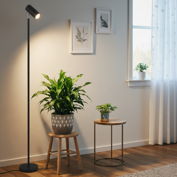 Modern interior with a floor grow light, plants, and framed pictures on a wall.