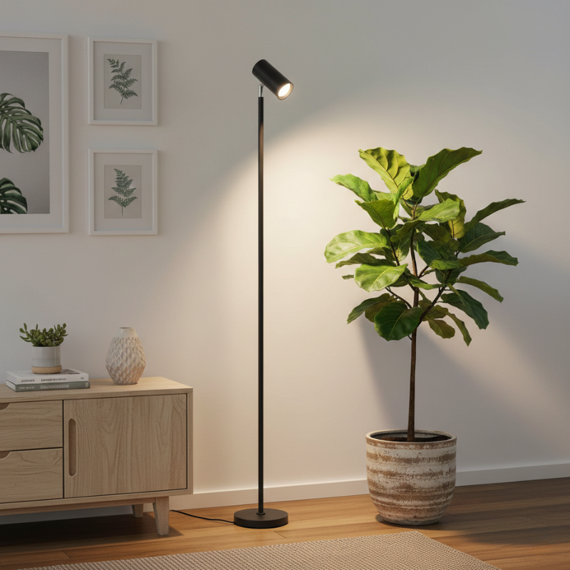 Modern interior with a potted plant, floor grow light, and wooden cabinet.