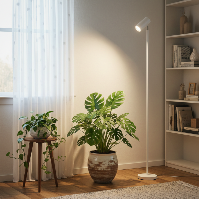 Room interior with a potted plant, floor grow light, and bookshelf.