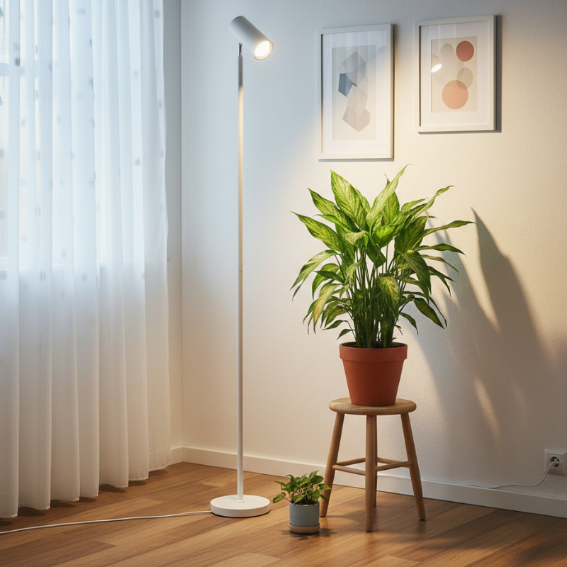 Potted plant on a small wooden stool next to a standing grow light in a room with light-colored walls and white curtains.