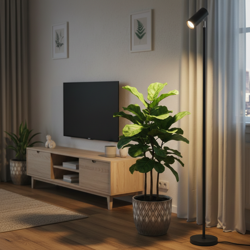 Modern living room with a TV, wooden cabinet, and decorative plant with a grow light.
