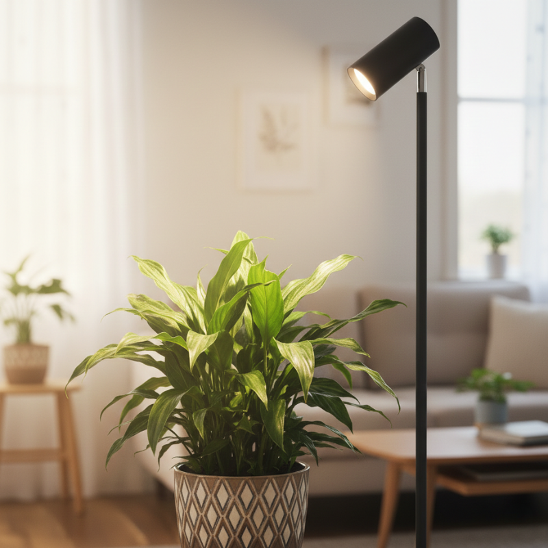 Potted plant in a living room with a floor grow light.