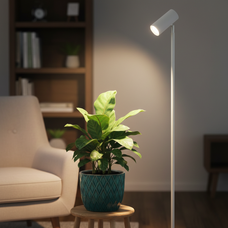 Modern floor grow light illuminating a plant in a cozy living room setting.