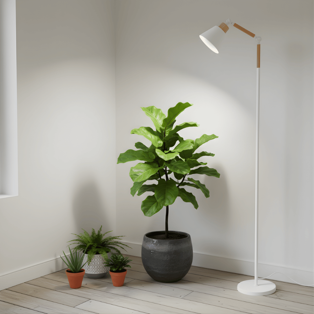 Potted plant with a standing grow light in a room with light-colored walls and wooden floor.