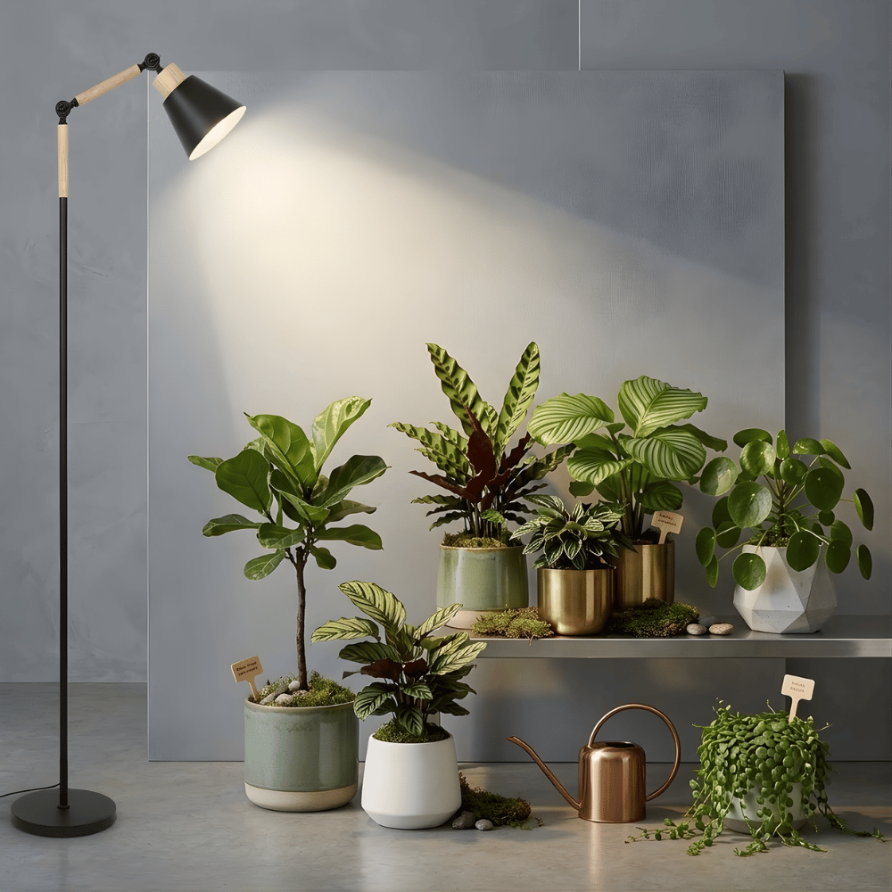 Modern floor grow light with a plant in a room setting