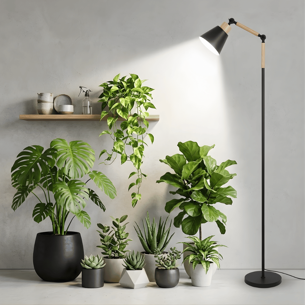 Collection of potted plants with a floor grow light on a gray background