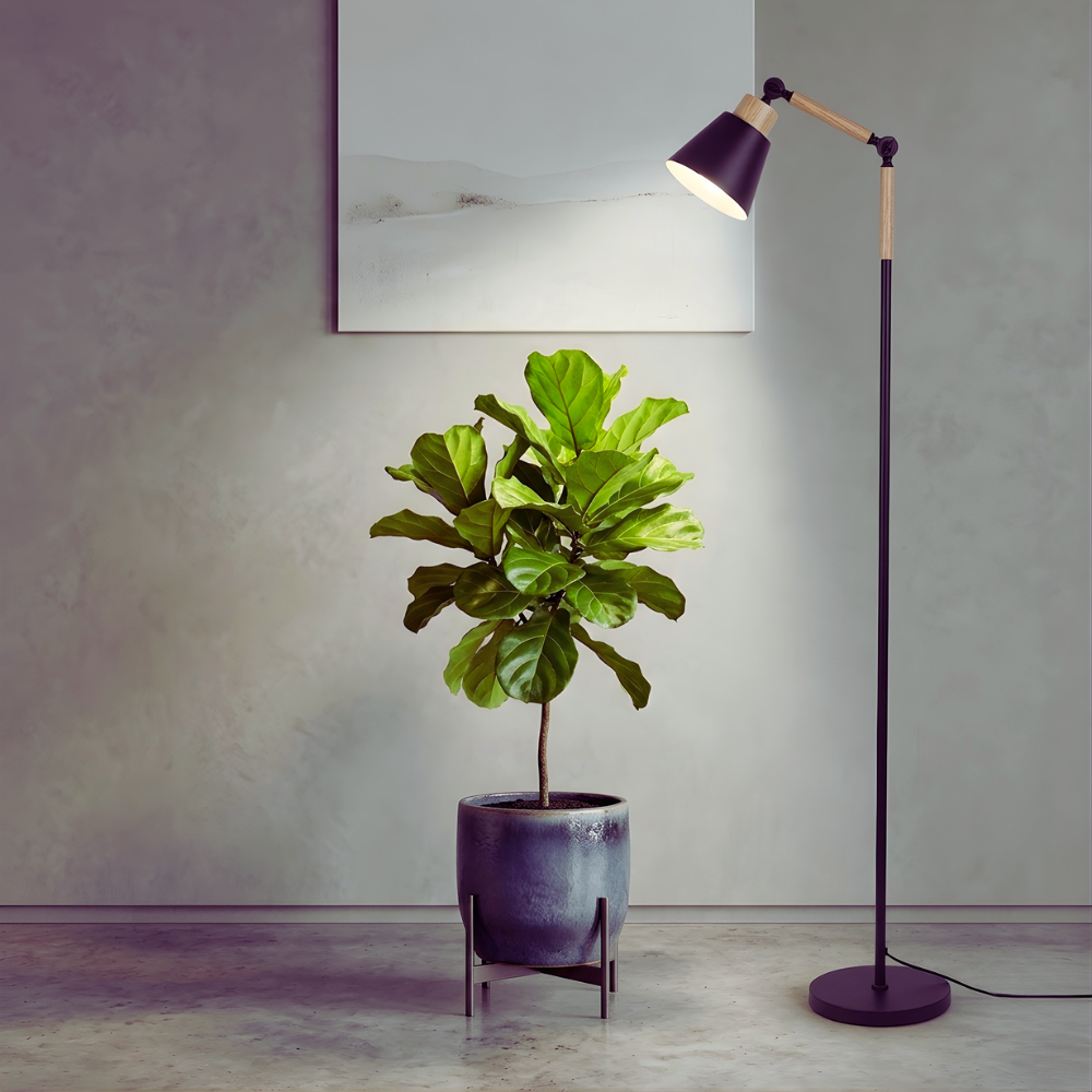Modern floor grow light with a plant in a room setting