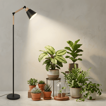 Black grow light illuminating a collection of potted plants on a neutral background