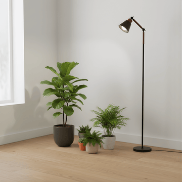 Floor grow light and potted plants in a room with a window