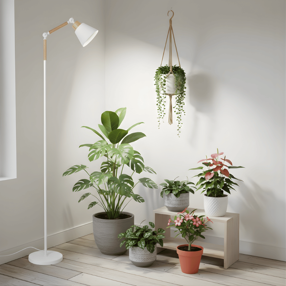 Indoor plants in various pots on a wooden floor with a standing grow light and hanging plant.