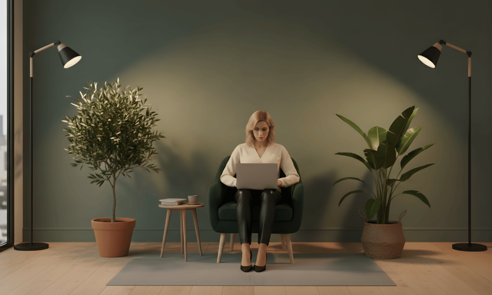 Woman sitting in a modern room with plants, grow lights and a laptop 
